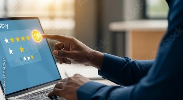 Fototapeta A close-up shot of a hand pointing at a five-star rating on a laptop screen, symbolizing customer satisfaction and positive feedback