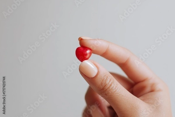 Fototapeta A small, vibrant red heart-shaped candy held delicately in a hand against a neutral backdrop.
