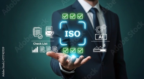 Fototapeta Businessman presenting ISO certification standards for quality management system implementation, compliance auditing, international business accreditation to ensure operational excellence regulatory 