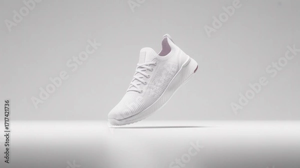 Fototapeta Clean white athletic running shoe floating mid air against a soft gray studio background