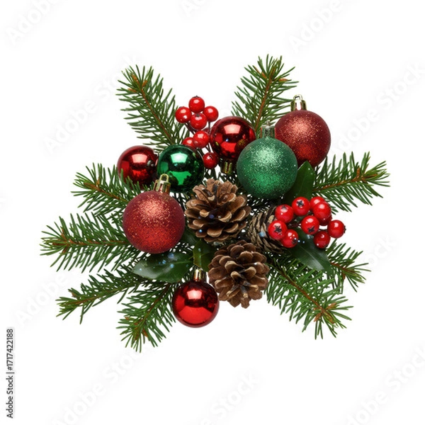 Fototapeta Meticulously arranged cluster of vibrant evergreen, glossy red & emerald baubles, pinecones, and red berries with glitter on a transparent studio background, pristine holiday decor concept