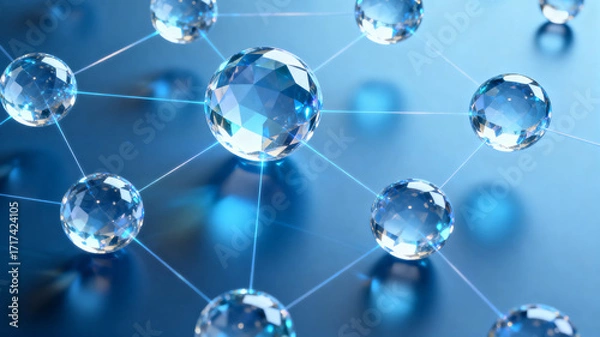 Fototapeta Network of interconnected transparent spheres on a blue background, resembling molecular or atomic structure