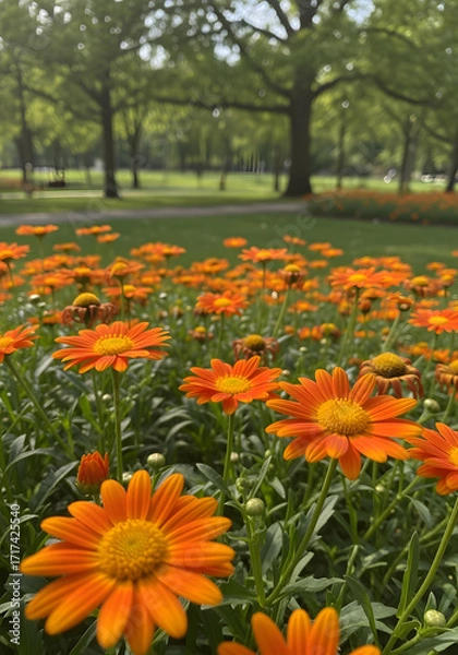 Fototapeta A vibrant field of orange daisies in a park, with lush green trees in the background