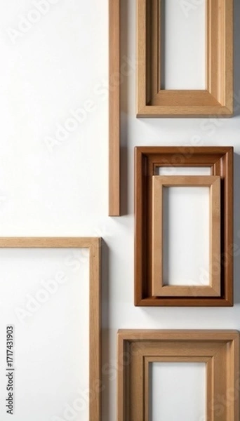 Fototapeta Assortment of wooden picture frames, isolated, close-up, white backdrop, photo, design
