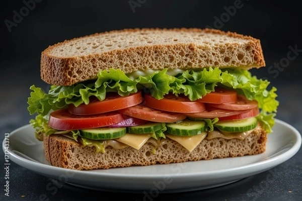 Obraz Vegetable Sandwich on White Plate with Dark Background