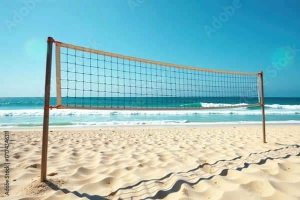 Fototapeta Beach volleyball court, ocean waves crashing behind net, recreation, peaceful