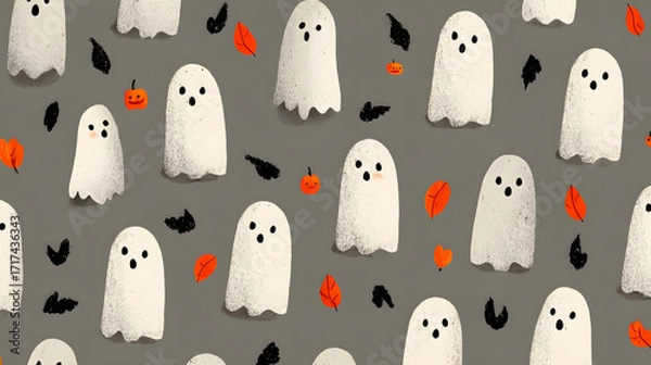 Fototapeta Seamless Halloween Pattern with Cute Ghosts, Pumpkins and Leaves on a Minimalist Gray Background