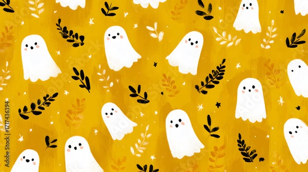 Fototapeta Seamless Halloween Pattern with Cute Ghosts, Stars and Leaves on a Textured Golden Background