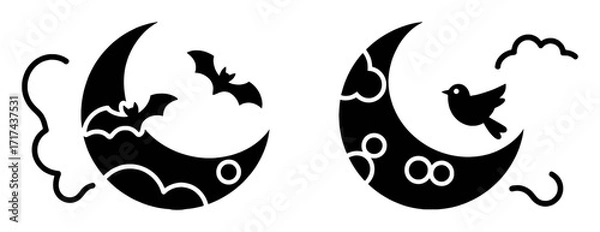 Fototapeta Black Silhouette of Crescent Moons with Bats and a Bird