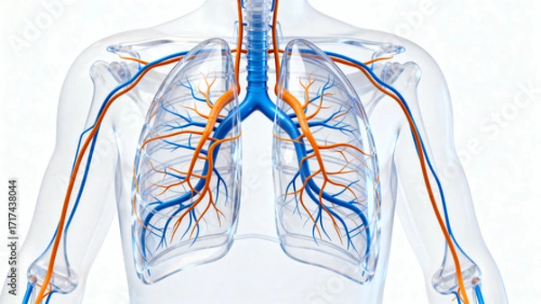 Fototapeta Anatomical illustration of the human respiratory and circulatory systems in the thoracic region