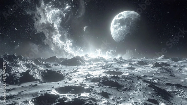 Fototapeta A breathtaking view of a desolate, crater-filled alien moon with distant light illuminating the horizon and a massive planet hovering majestically in the cosmic sky.