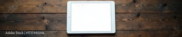 Fototapeta Blank white tablet on rustic wood, sleek design , illustration, surface, blank