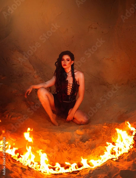 Fototapeta A young woman dressed in leather sits on the sand and looks through the flames of the fire in front of her.