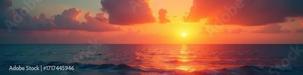 Fototapeta Blazing sun dips below the horizon, casting long shadows on the tranquil ocean , sun rays, beach, ocean view