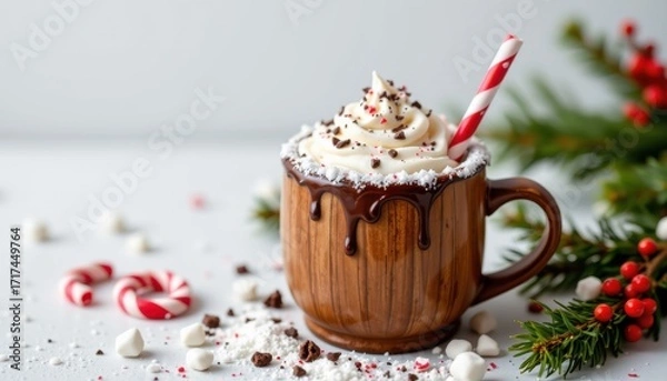 Fototapeta high resolution holiday chocolate peppermint shake in wooden cup, served with a sugar rim, shown on crisp white void, ultra sharp.