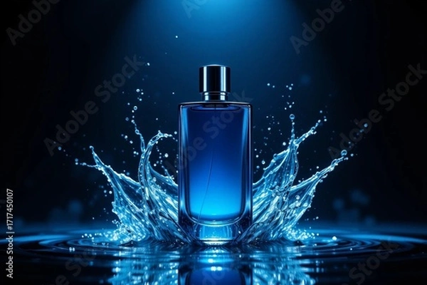 Obraz Elegant Blue Perfume Bottle with Splash Effect