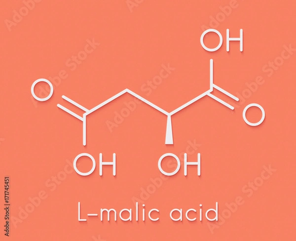 Fototapeta Malic acid fruit acid molecule. Present in apples, grapes, rhubarb, etc and contributes to the sour taste of these. Skeletal formula.