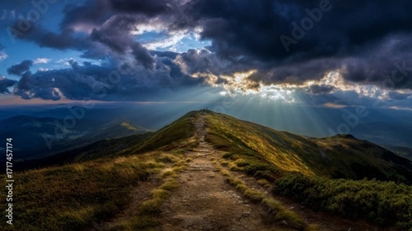 Obraz Rocky path on sunlit hill at sunset. AI image