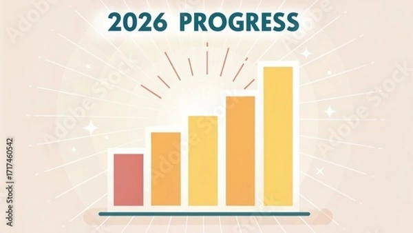 Fototapeta Colorful bar graph representing progress towards goals in 2026 with rays of light in the background for positive growth visual