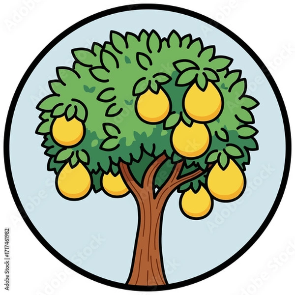 Fototapeta Cartoon illustration of a tree with yellow fruits inside a circular frame.