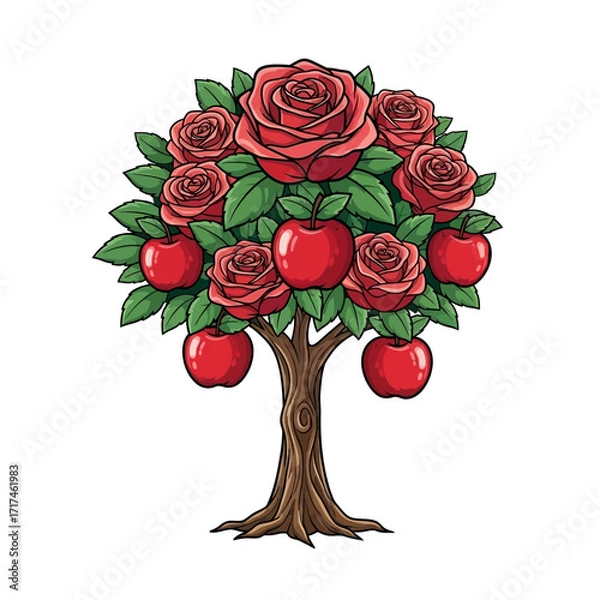 Fototapeta Tree with red roses and red apples on a white background.