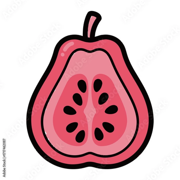 Fototapeta Half guava fruit illustration pink color with seeds and stem on white.