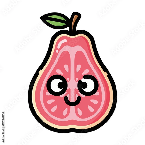 Fototapeta Cartoon guava fruit with a happy face and green leaf on top.