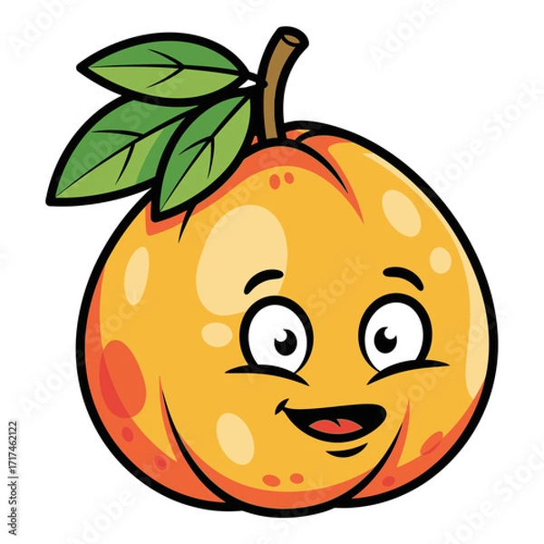Fototapeta Cartoon peach with leaves and a happy face against a white background.