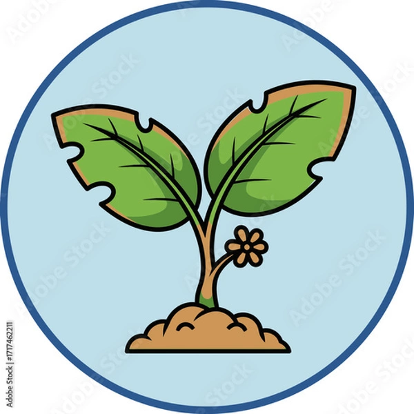 Fototapeta Seedling growing in soil with leaves and small flower in a circle.