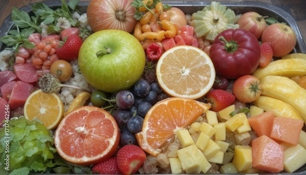 Fototapeta A tray filled with a vibrant assortment of fresh fruits and vegetables
