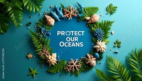 Obraz Circle of sea life and foliage, centered text "PROTECT OUR OCEANS