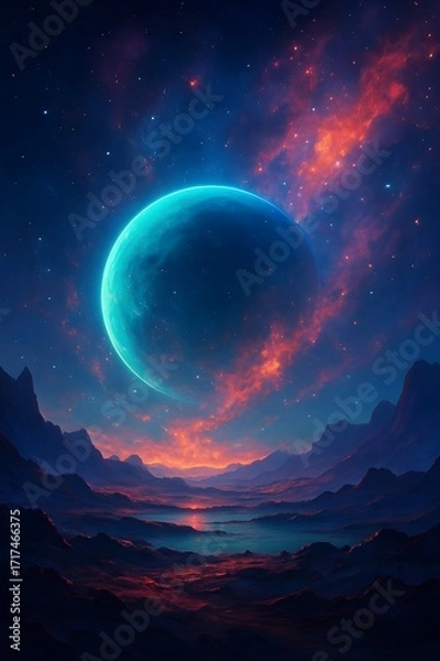 Fototapeta Futuristic glowing planet landscape with nebula sky