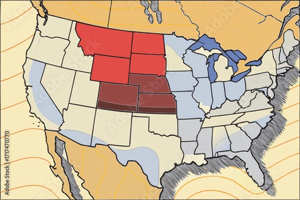 Fototapeta US map showing temperature zones and highlighted states United States map of