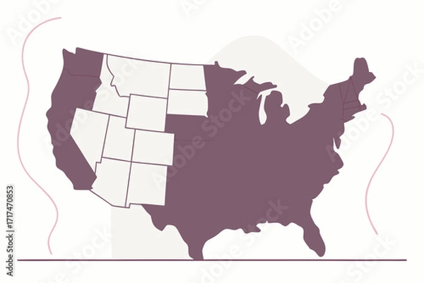 Fototapeta US map with highlighted Western states and abstract shapes United States map of