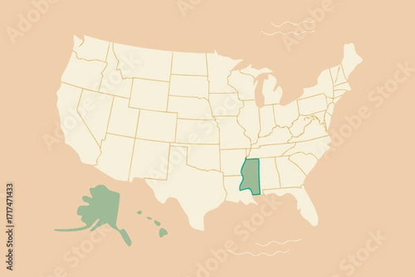 Fototapeta US Map with Mississippi Highlighted in Green united states map of