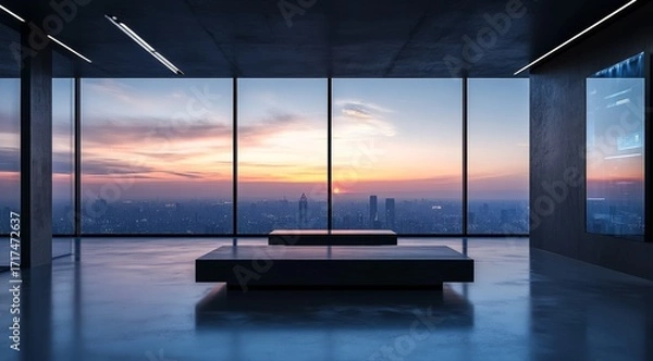 Fototapeta Modern minimalist interior with floor-to-ceiling windows overlooking a cityscape at sunset
