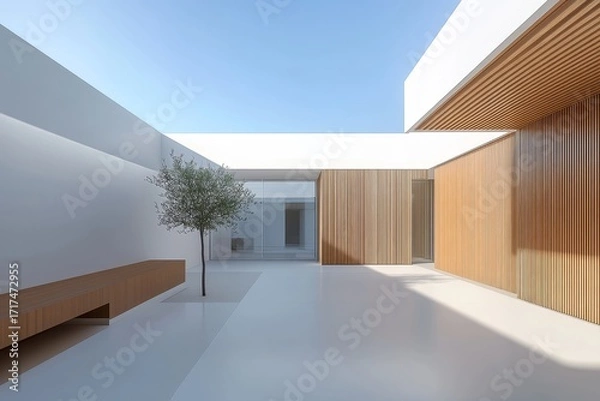 Fototapeta Modern architectural courtyard with minimalist design, wooden panels, and a single tree under clear sky