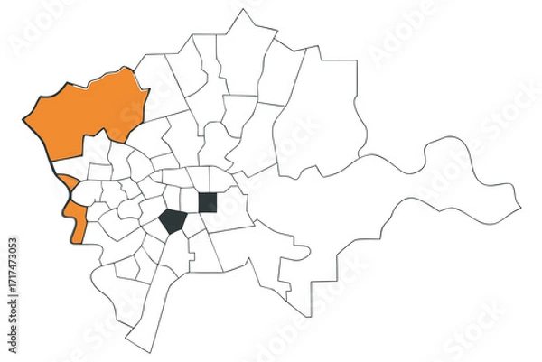 Fototapeta Abstract Map with Orange and Black Highlighted Regions Keywords: map, abstract, graphic, map of