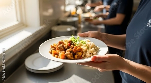 Fototapeta Person holding a plate of stew with grains and greens, in a bright kitchen setting.