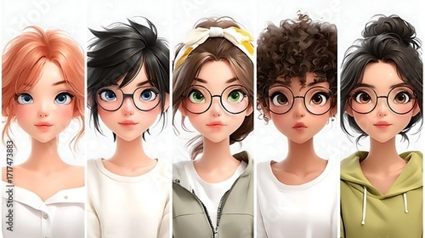 Fototapeta Stylized anime-style portraits of young people with large expressive eyes and glasses.