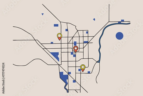 Fototapeta Stylized City Map with Location Markers and Water Features illustration navigation map of