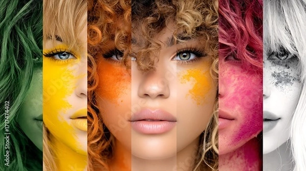 Fototapeta collage portrait of six faces with different colors of artistic paint.