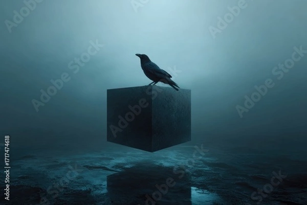 Fototapeta raven perched on floating cube in dark foggy room, surreal clean composition