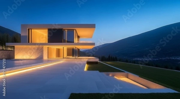 Obraz Modern minimalist house with illuminated exterior at dusk, set against mountainous landscape
