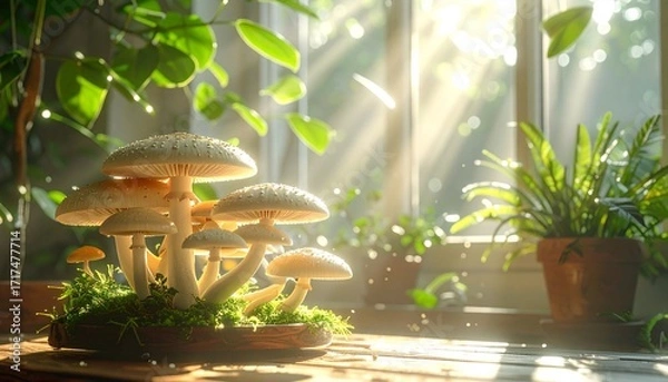 Fototapeta 優しい日差しに無数のキノコ、幻想的な背景画像 Generated by AI