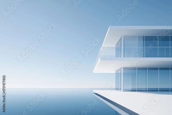 Obraz Modern glass building with minimalist design overlooking calm water under clear blue sky