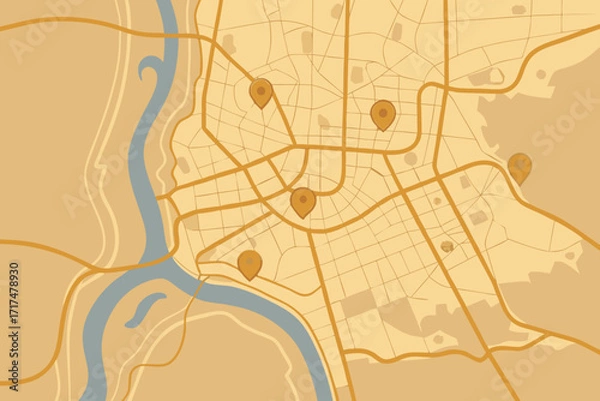 Fototapeta Yellow City Map with Orange Location Pins and River vector illustration map of