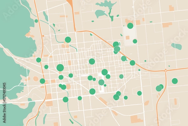 Fototapeta Stylized City Map with Green Circles Indicating Points of Interest urban street map of
