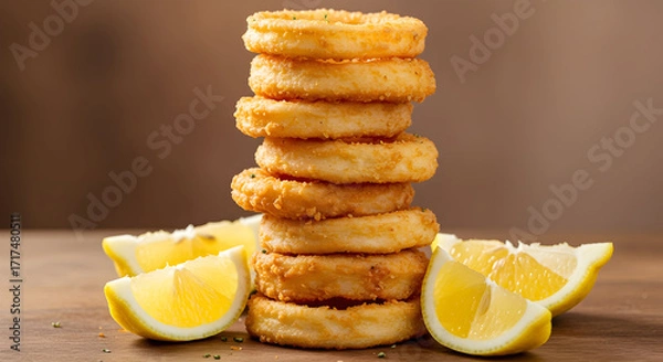 Fototapeta Fried calamari rings stacked artistically with lemon wedges