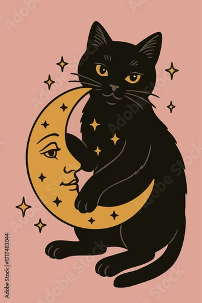 Fototapeta Mystical black cat sitting with crescent moon and stars.
